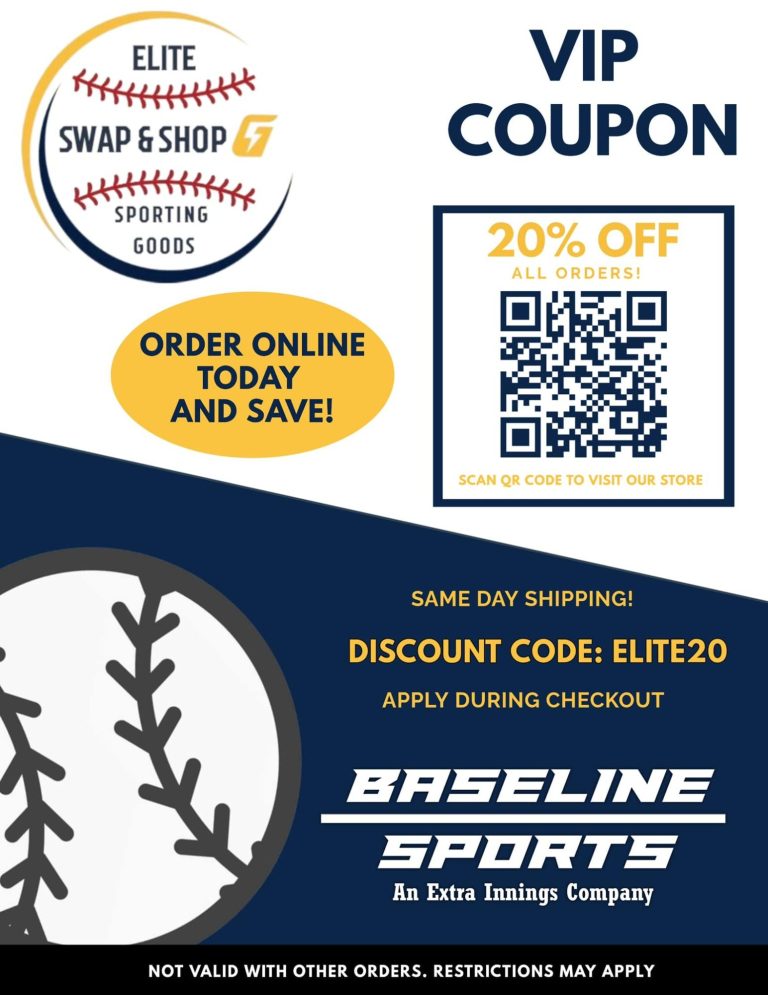 Coupon for Baseline Sports offering 20% off with discount code ELITE20. QR code included.